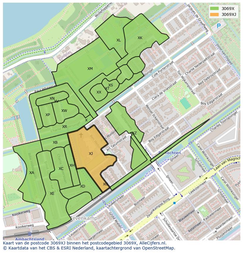 Afbeelding van het postcodegebied 3069 XJ op de kaart.