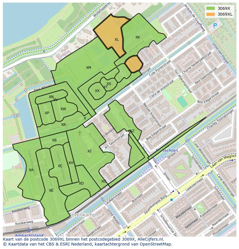 Afbeelding van het postcodegebied 3069 XL op de kaart.