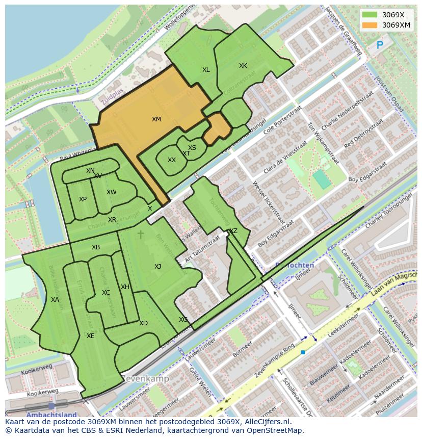 Afbeelding van het postcodegebied 3069 XM op de kaart.