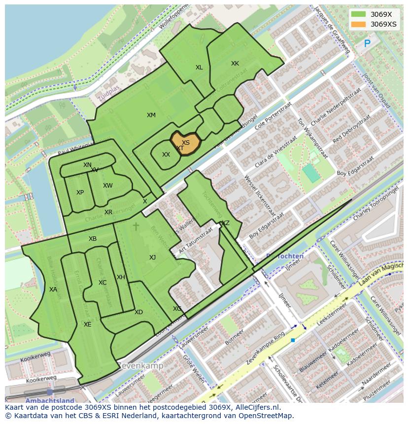 Afbeelding van het postcodegebied 3069 XS op de kaart.