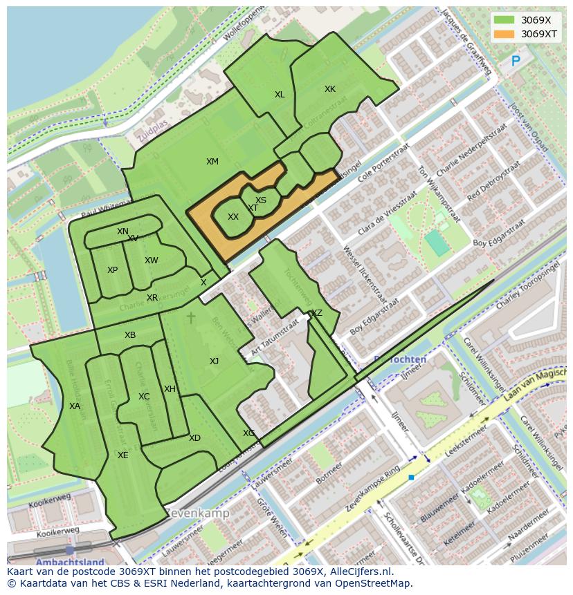 Afbeelding van het postcodegebied 3069 XT op de kaart.