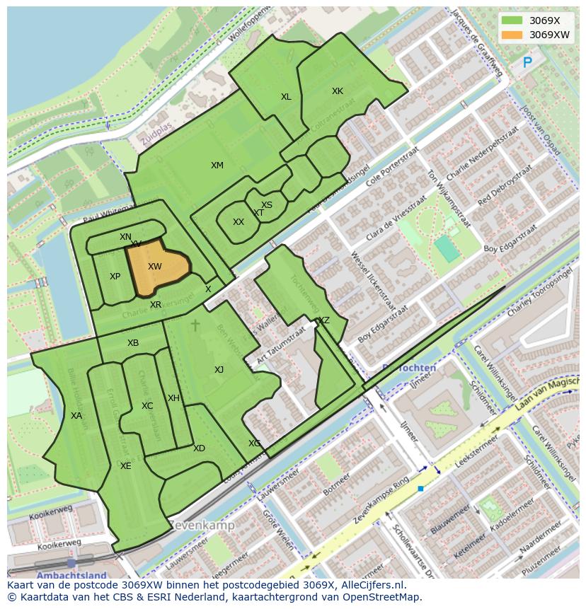 Afbeelding van het postcodegebied 3069 XW op de kaart.