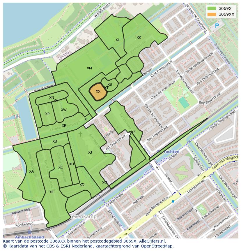 Afbeelding van het postcodegebied 3069 XX op de kaart.