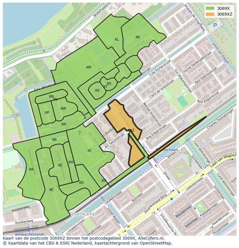 Afbeelding van het postcodegebied 3069 XZ op de kaart.