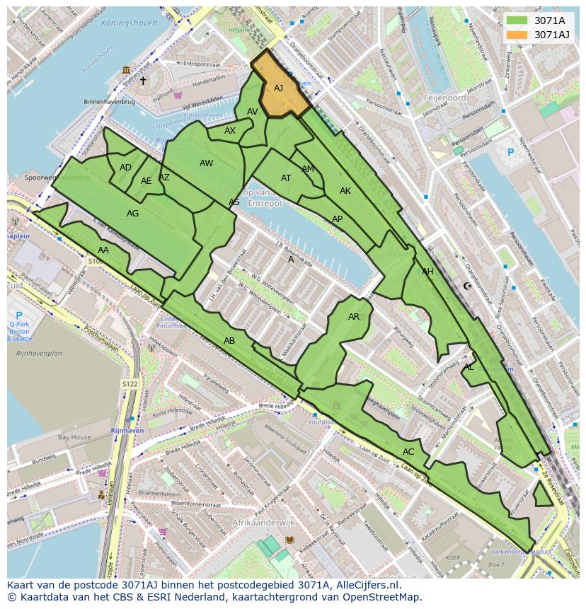 Afbeelding van het postcodegebied 3071 AJ op de kaart.