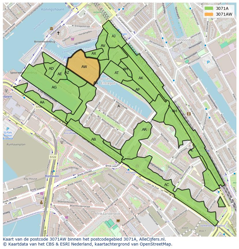 Afbeelding van het postcodegebied 3071 AW op de kaart.