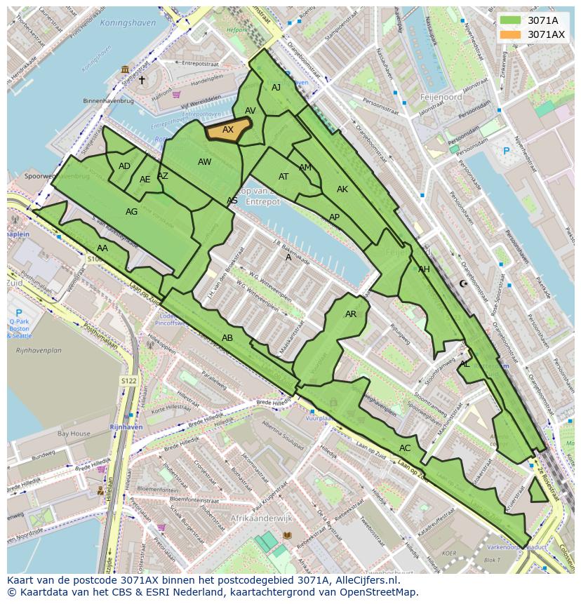 Afbeelding van het postcodegebied 3071 AX op de kaart.