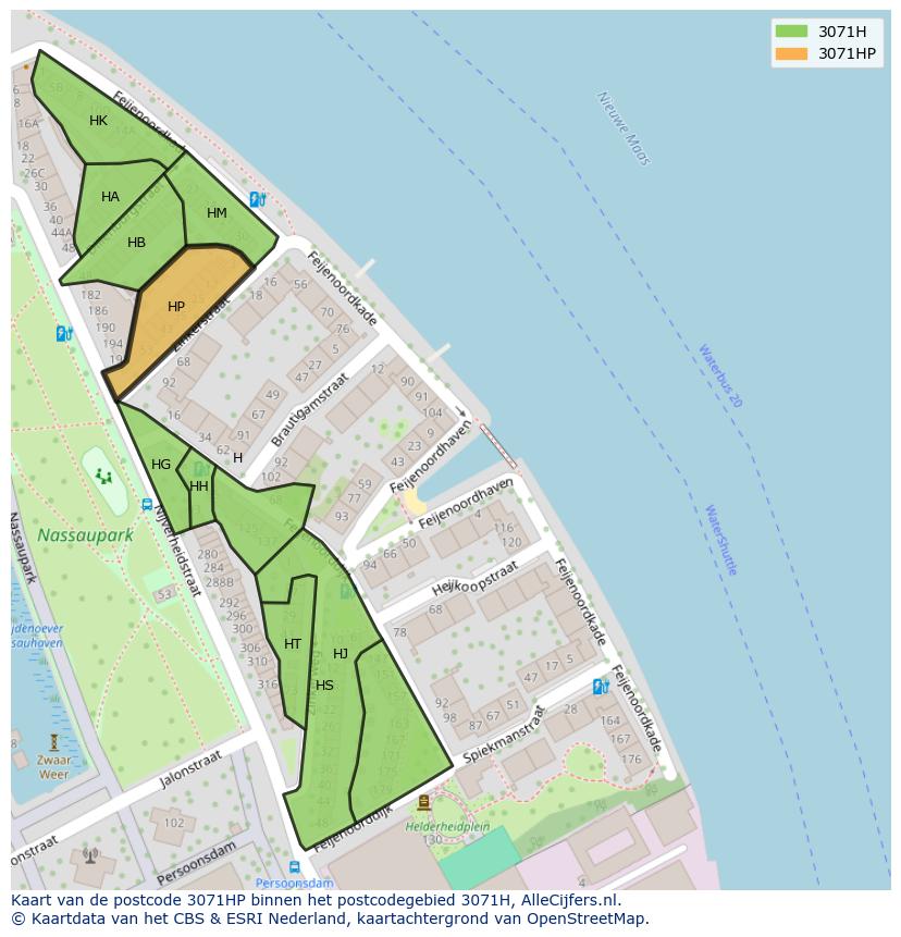 Afbeelding van het postcodegebied 3071 HP op de kaart.