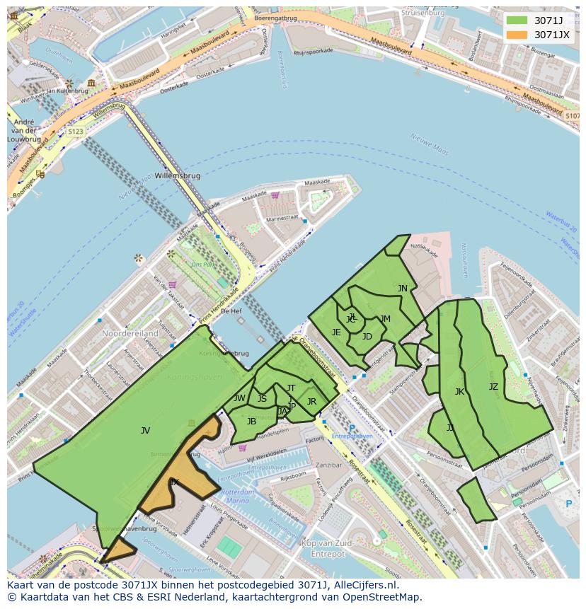 Afbeelding van het postcodegebied 3071 JX op de kaart.
