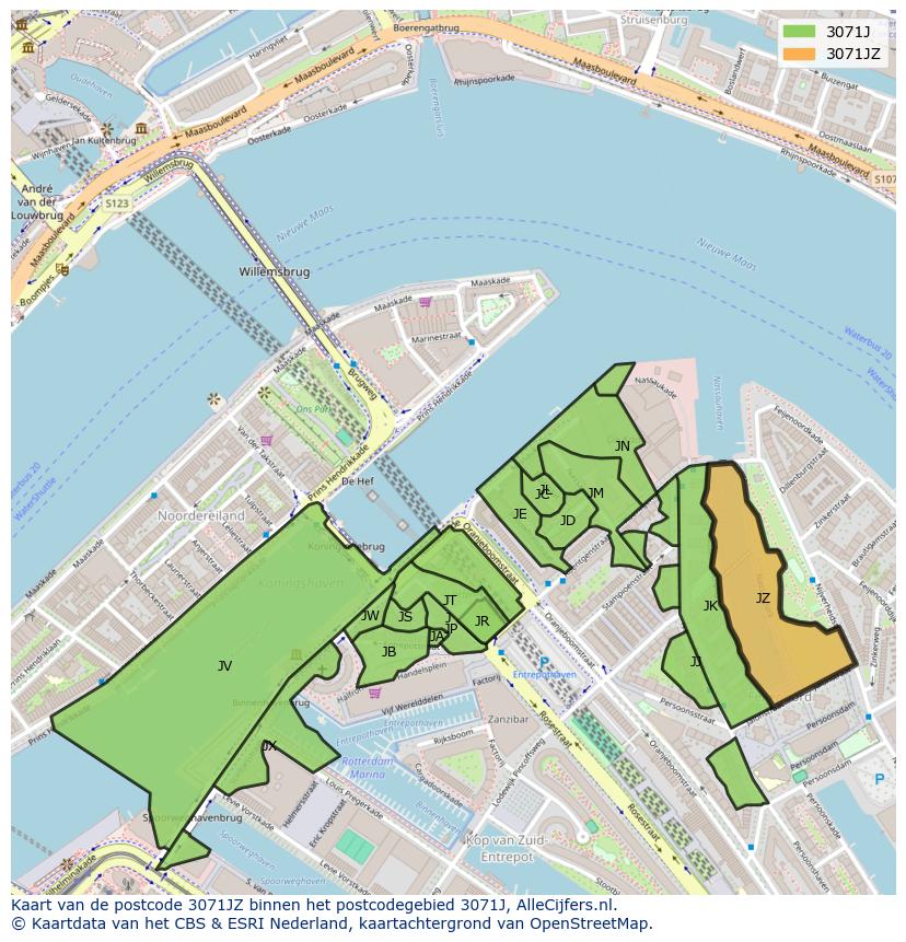 Afbeelding van het postcodegebied 3071 JZ op de kaart.
