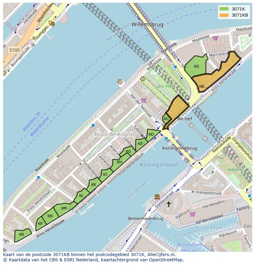 Afbeelding van het postcodegebied 3071 KB op de kaart.