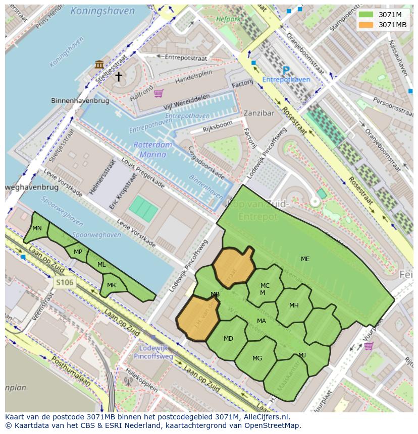 Afbeelding van het postcodegebied 3071 MB op de kaart.