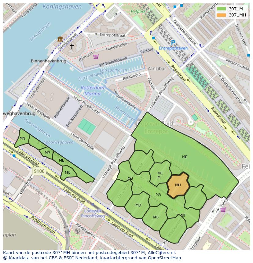 Afbeelding van het postcodegebied 3071 MH op de kaart.