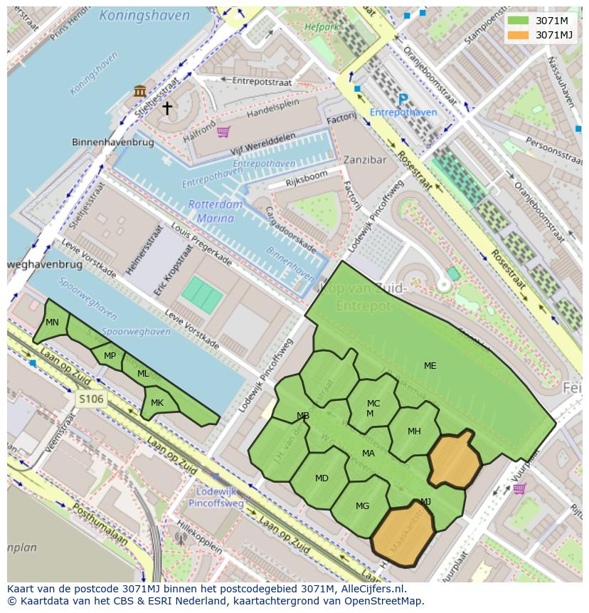 Afbeelding van het postcodegebied 3071 MJ op de kaart.