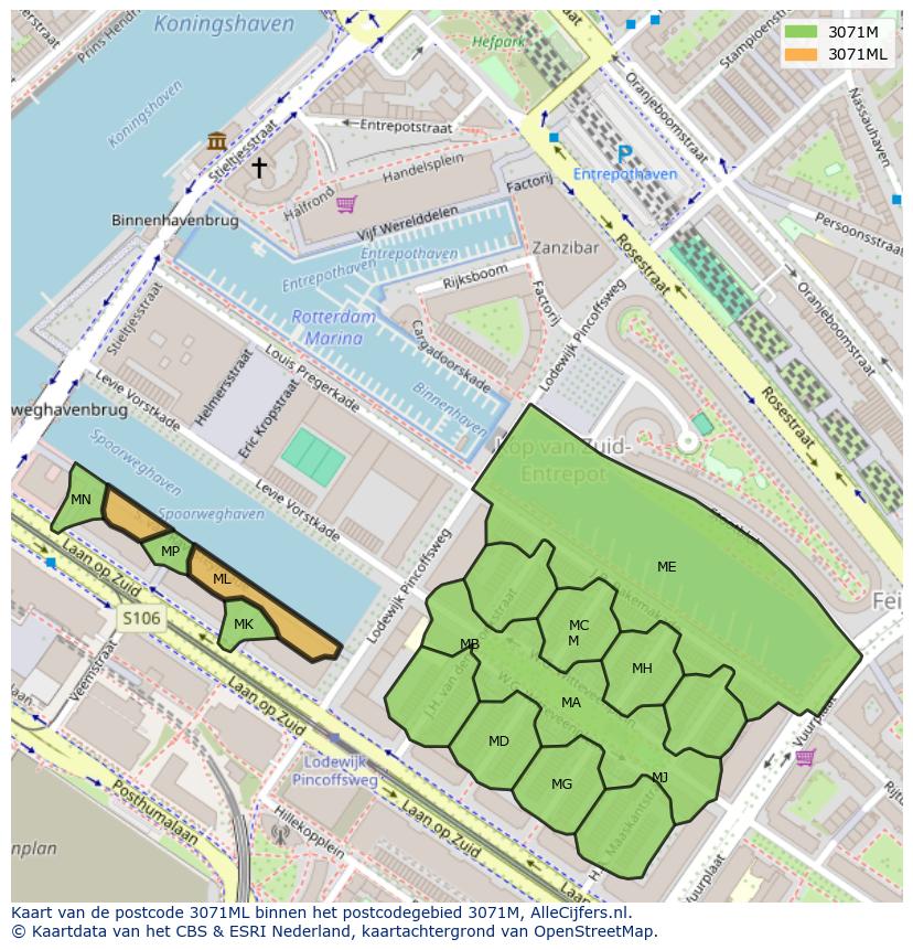 Afbeelding van het postcodegebied 3071 ML op de kaart.