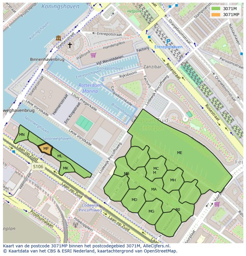 Afbeelding van het postcodegebied 3071 MP op de kaart.