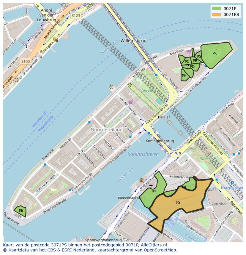 Afbeelding van het postcodegebied 3071 PS op de kaart.
