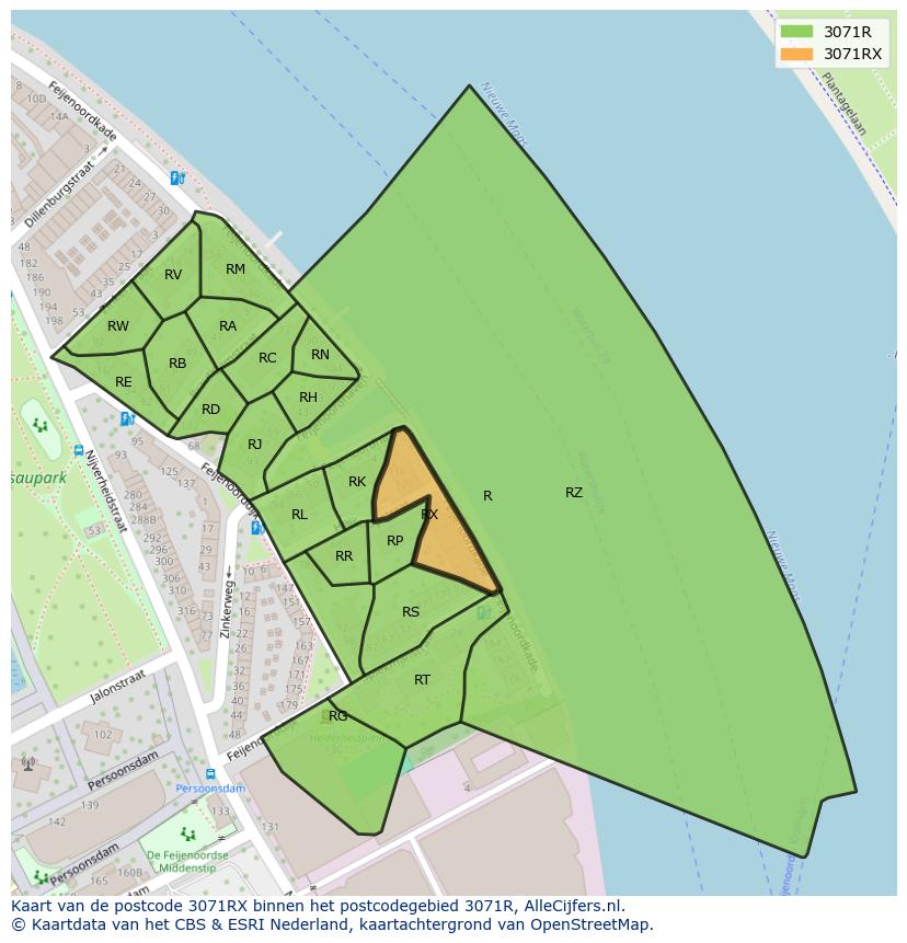 Afbeelding van het postcodegebied 3071 RX op de kaart.