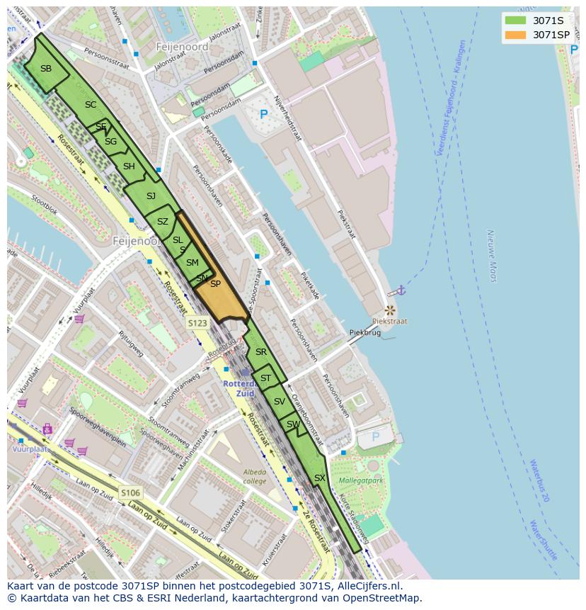 Afbeelding van het postcodegebied 3071 SP op de kaart.