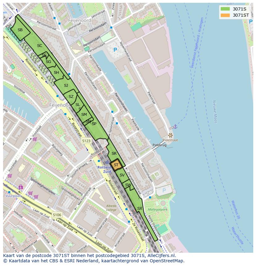 Afbeelding van het postcodegebied 3071 ST op de kaart.