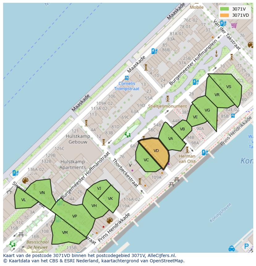 Afbeelding van het postcodegebied 3071 VD op de kaart.