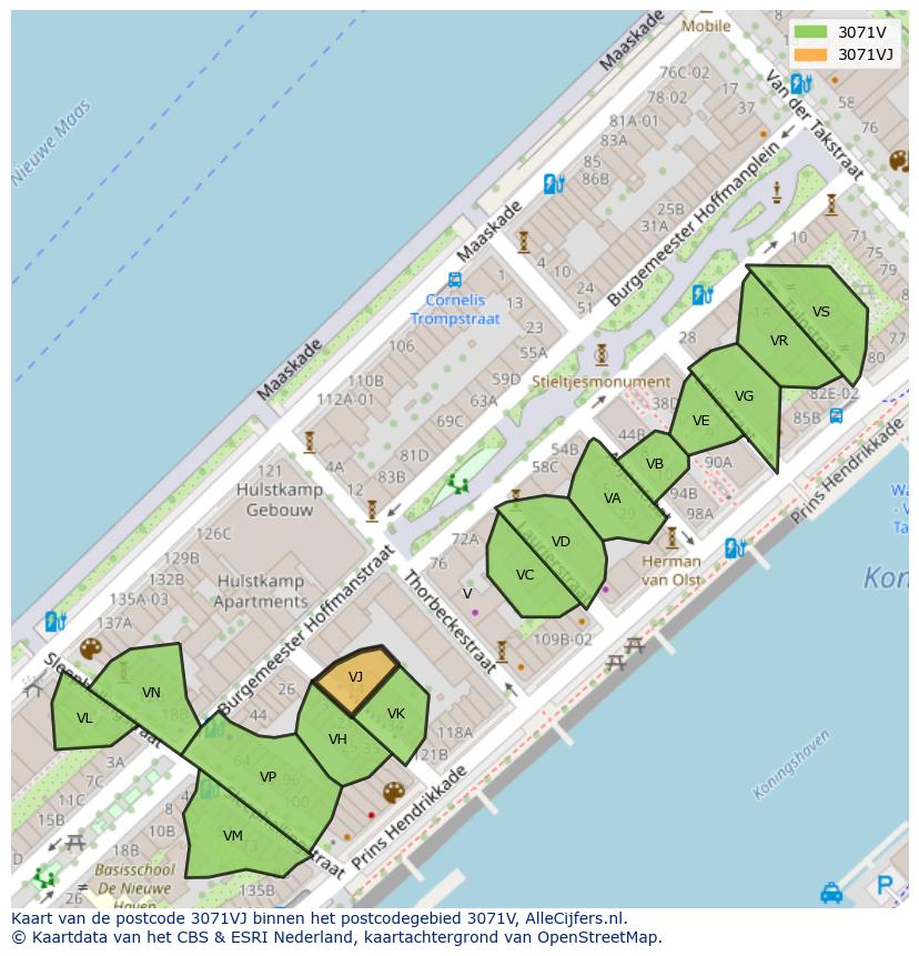 Afbeelding van het postcodegebied 3071 VJ op de kaart.