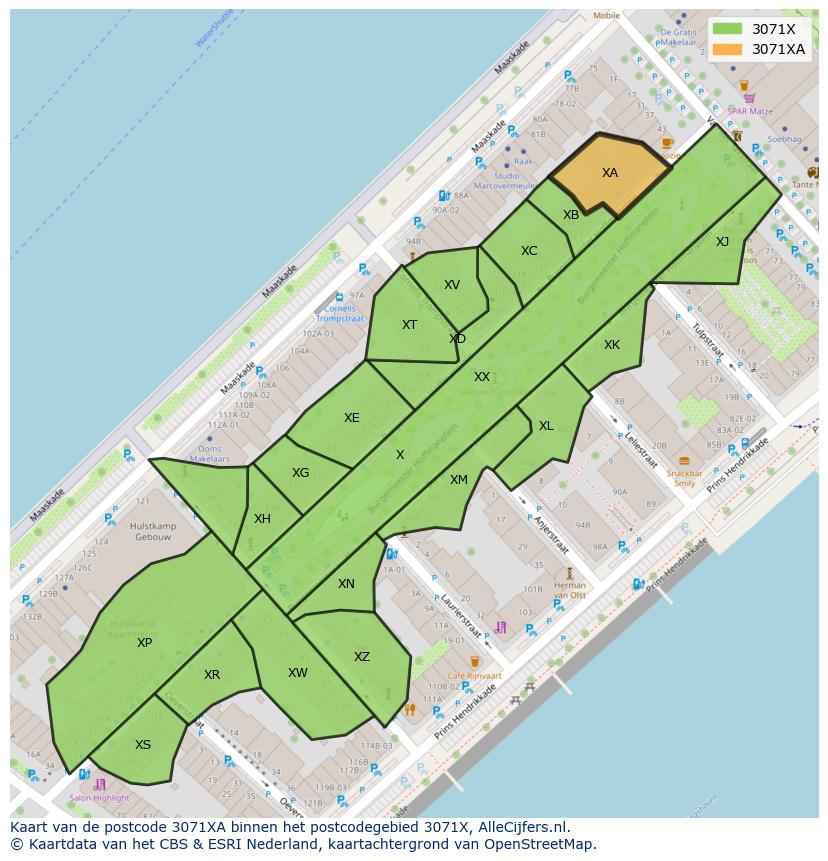 Afbeelding van het postcodegebied 3071 XA op de kaart.