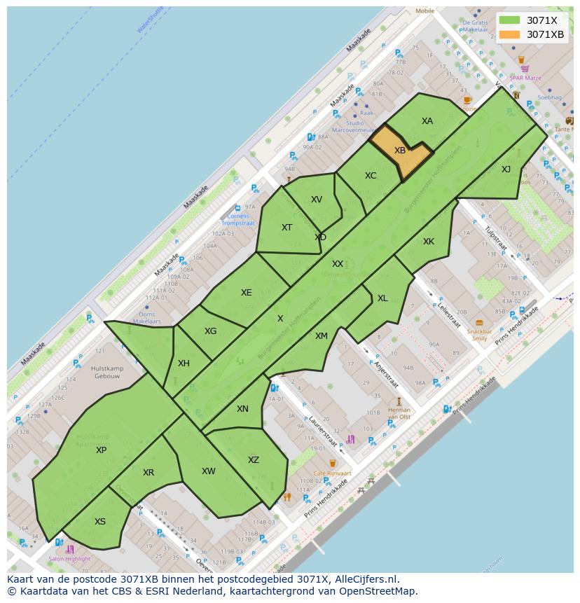 Afbeelding van het postcodegebied 3071 XB op de kaart.