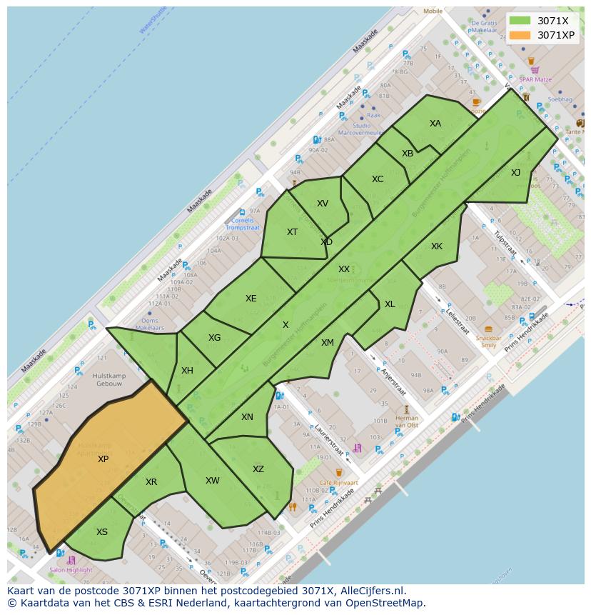 Afbeelding van het postcodegebied 3071 XP op de kaart.