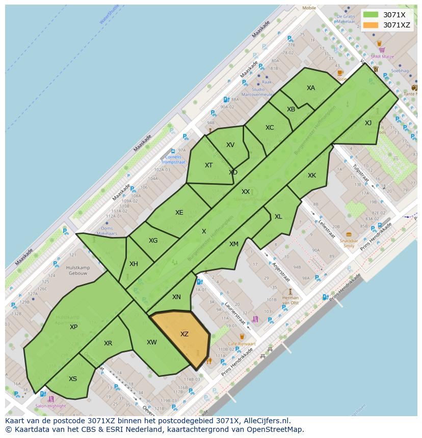 Afbeelding van het postcodegebied 3071 XZ op de kaart.