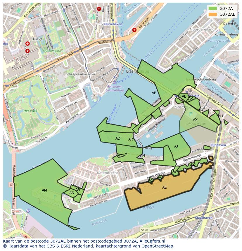 Afbeelding van het postcodegebied 3072 AE op de kaart.