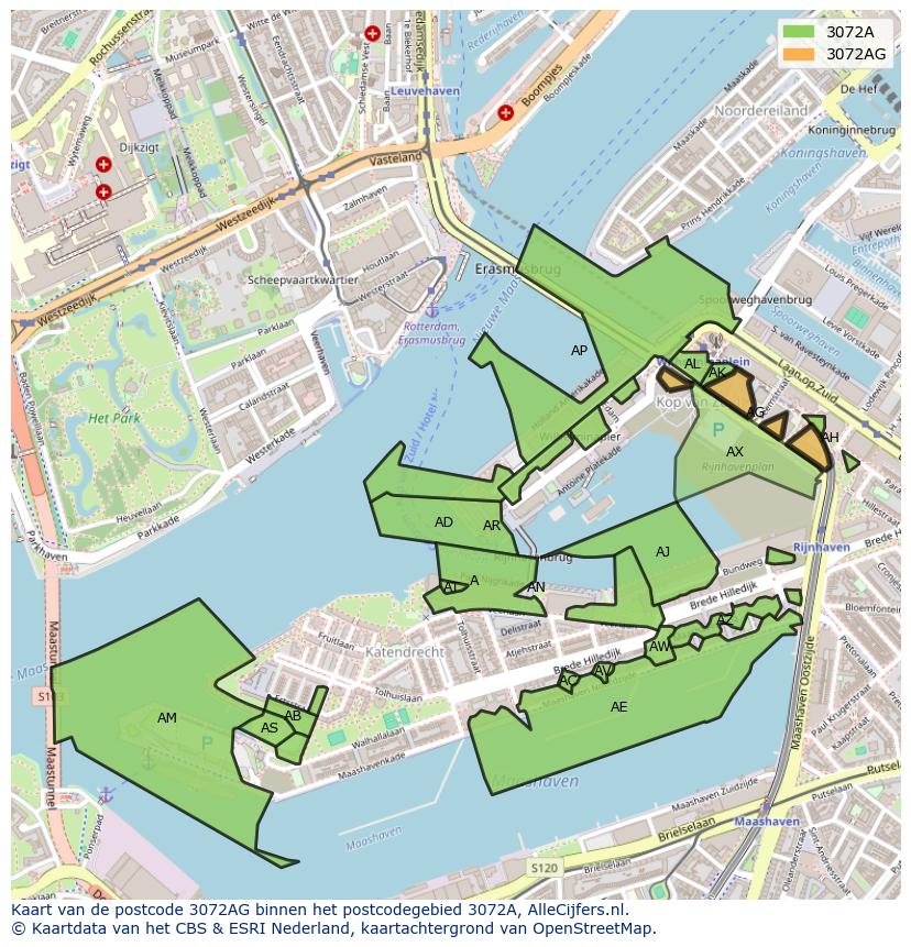Afbeelding van het postcodegebied 3072 AG op de kaart.