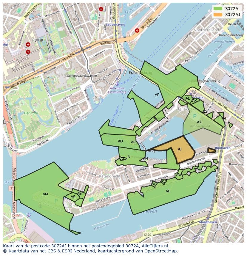 Afbeelding van het postcodegebied 3072 AJ op de kaart.