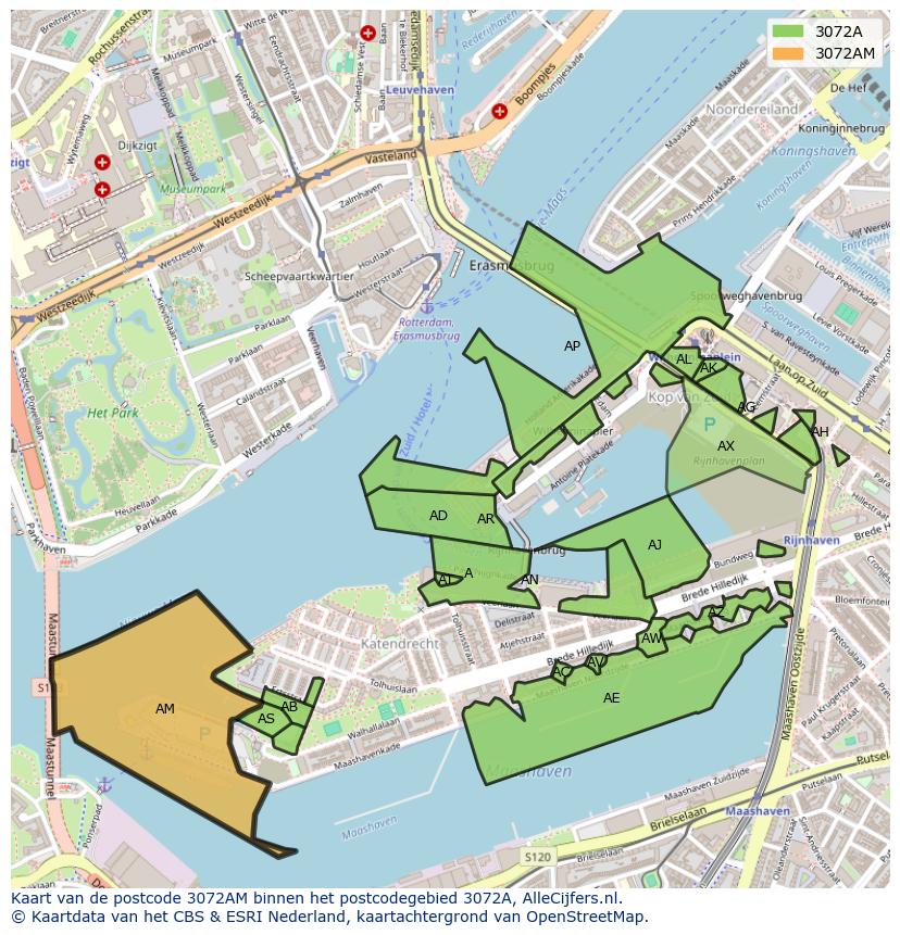 Afbeelding van het postcodegebied 3072 AM op de kaart.