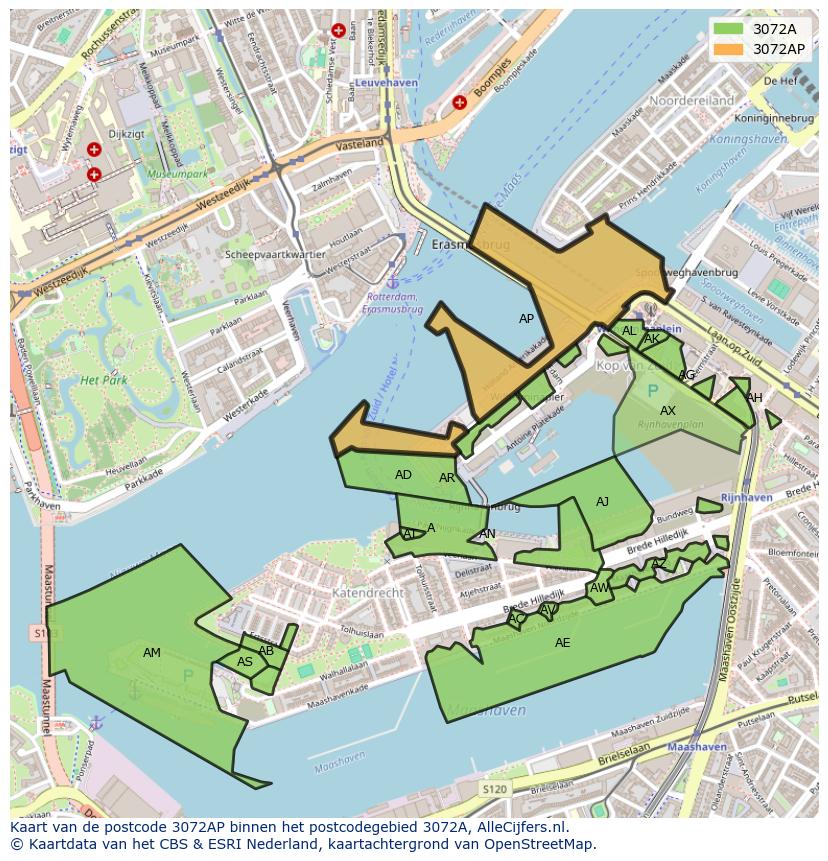 Afbeelding van het postcodegebied 3072 AP op de kaart.