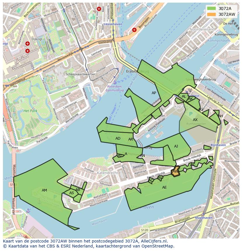 Afbeelding van het postcodegebied 3072 AW op de kaart.