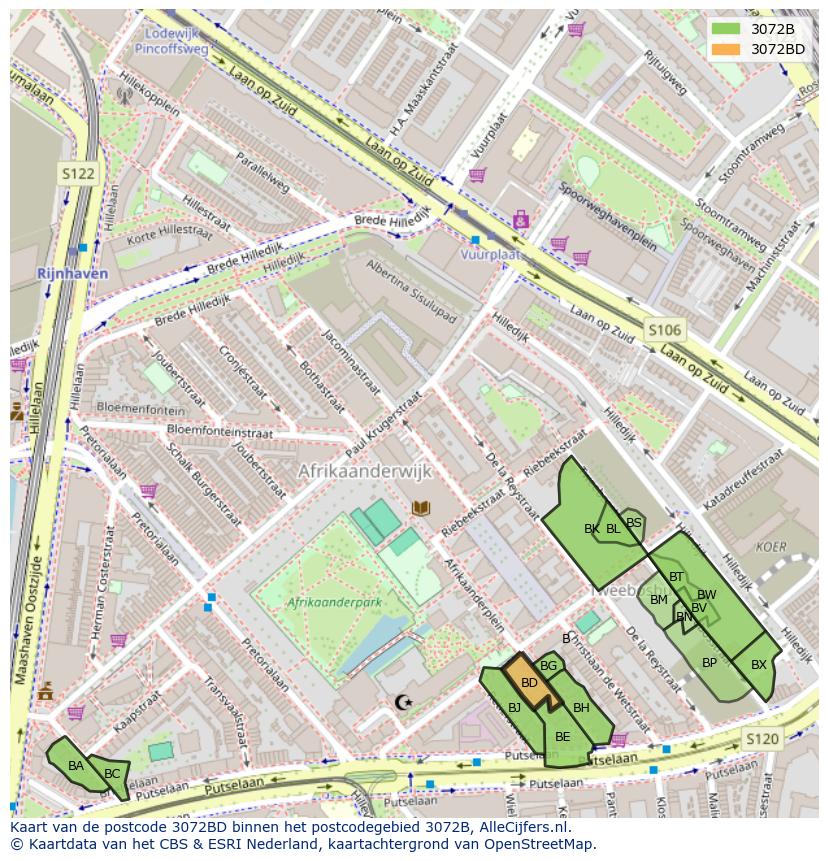 Afbeelding van het postcodegebied 3072 BD op de kaart.