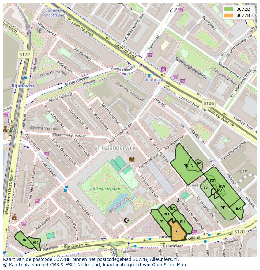 Afbeelding van het postcodegebied 3072 BE op de kaart.