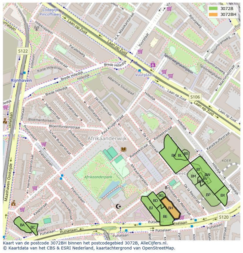 Afbeelding van het postcodegebied 3072 BH op de kaart.