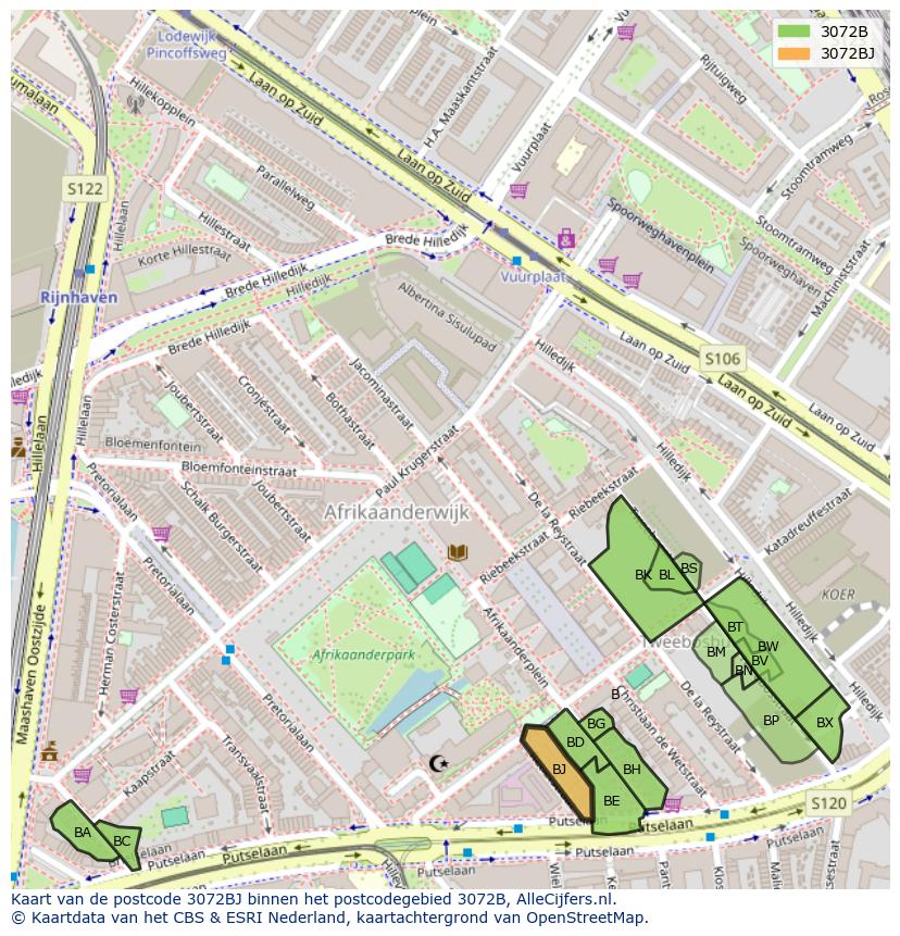 Afbeelding van het postcodegebied 3072 BJ op de kaart.