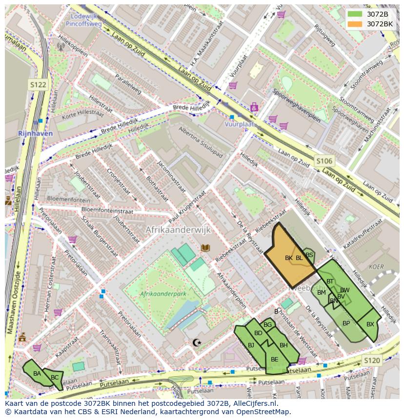 Afbeelding van het postcodegebied 3072 BK op de kaart.