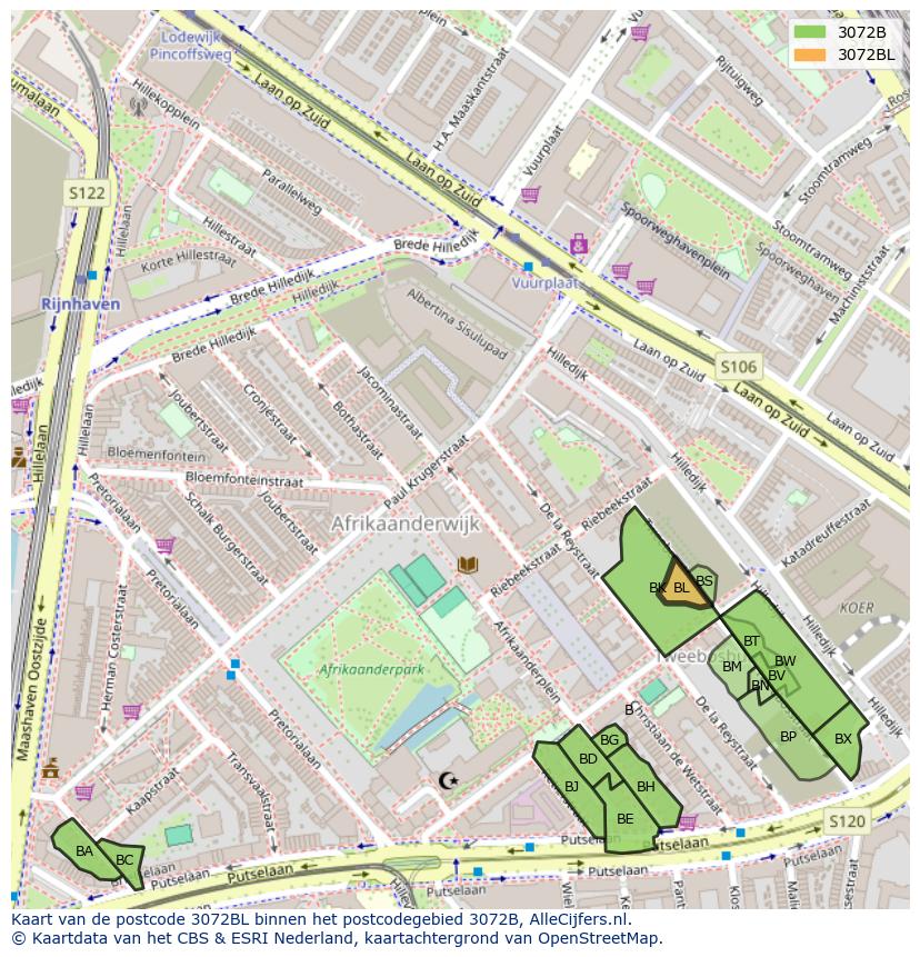 Afbeelding van het postcodegebied 3072 BL op de kaart.