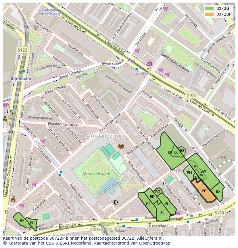 Afbeelding van het postcodegebied 3072 BP op de kaart.