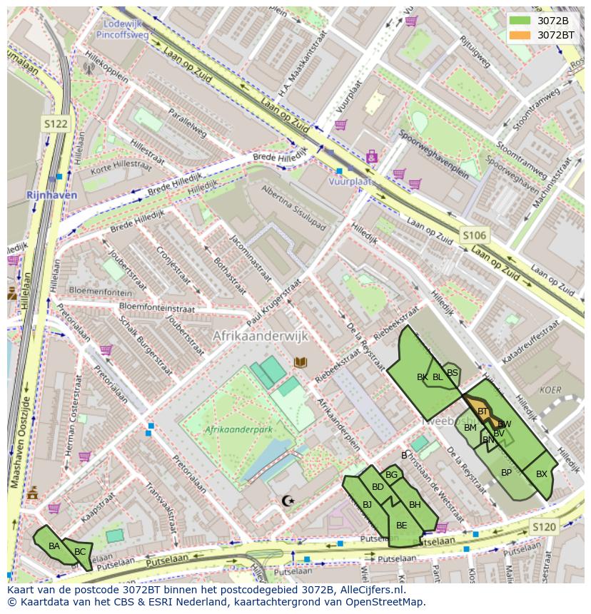 Afbeelding van het postcodegebied 3072 BT op de kaart.
