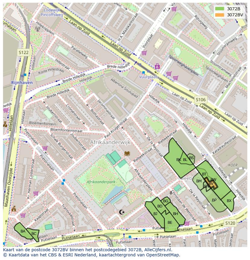 Afbeelding van het postcodegebied 3072 BV op de kaart.