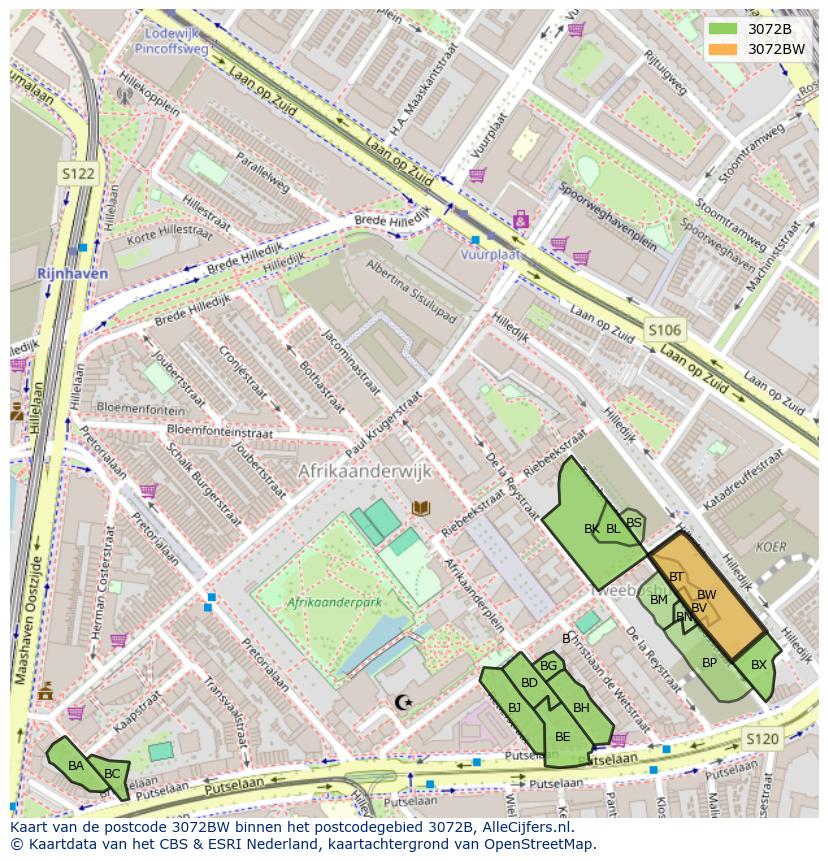 Afbeelding van het postcodegebied 3072 BW op de kaart.