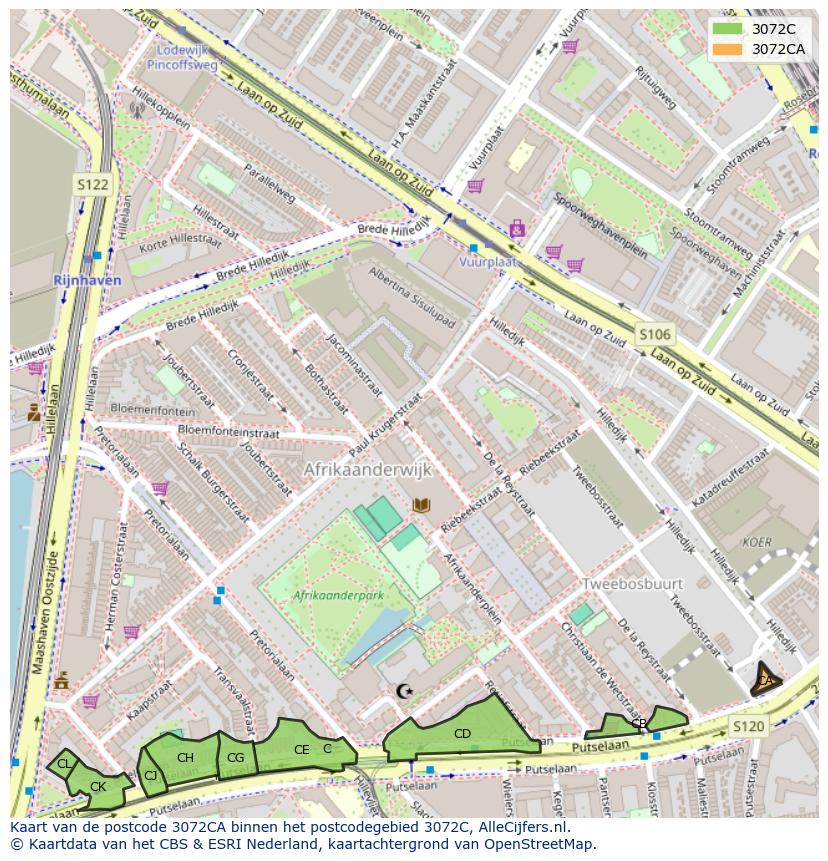 Afbeelding van het postcodegebied 3072 CA op de kaart.