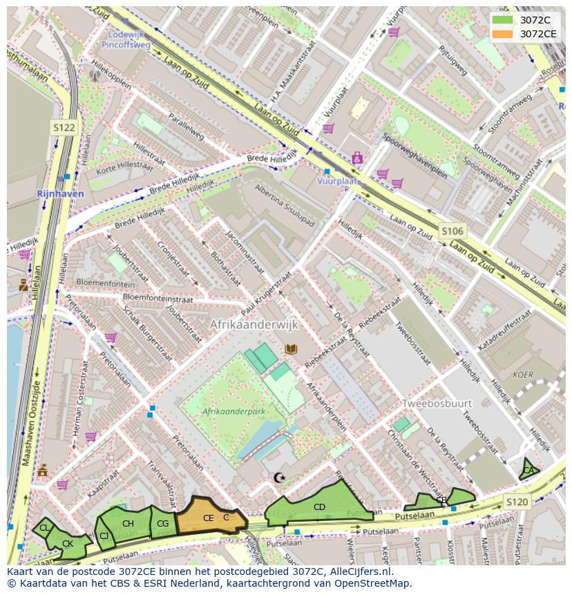 Afbeelding van het postcodegebied 3072 CE op de kaart.