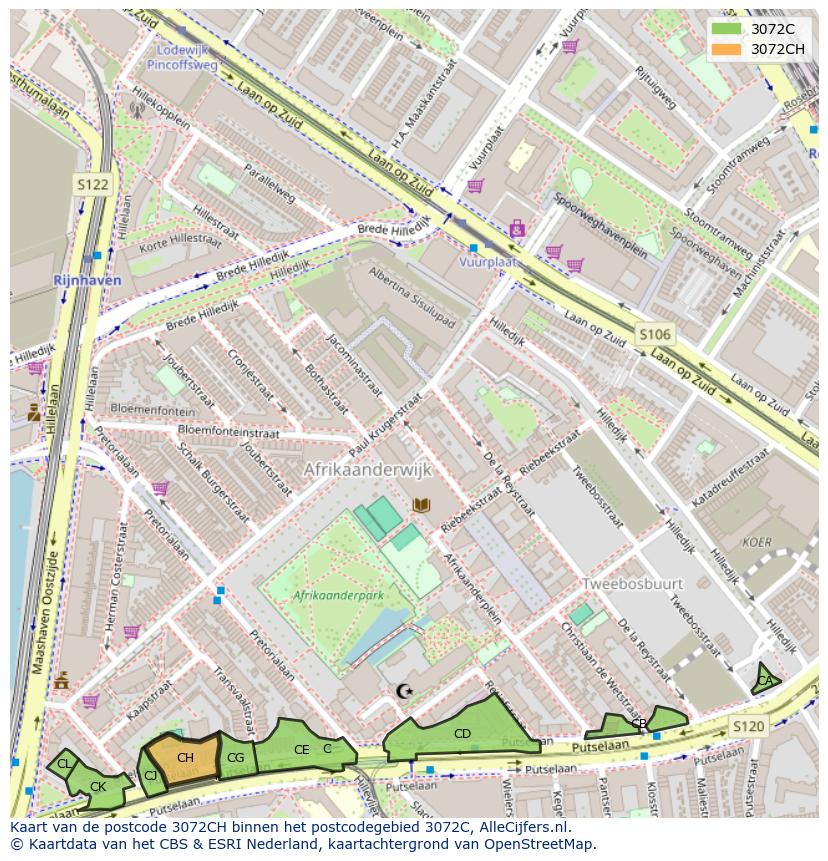 Afbeelding van het postcodegebied 3072 CH op de kaart.