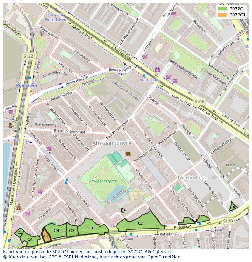 Afbeelding van het postcodegebied 3072 CJ op de kaart.